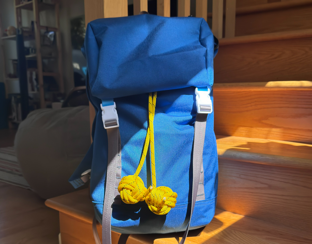 I’ve started sewing bags! My foray into full packs is Rucksack #1, a bright blue cheery bag for a month-long trip to Boston.